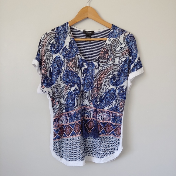 Olsen Europe Linen Short Sleeve Top Paisley Print Size Medium / 10 - Picture 3 of 12